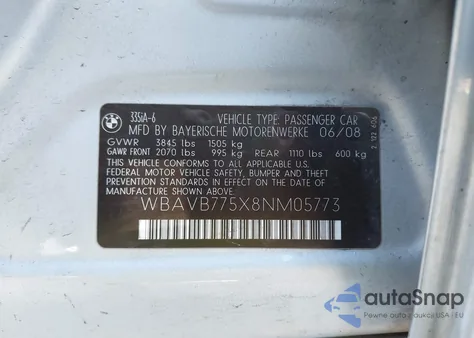 2008 BMW 335I from USA, damaged, VIN WBAVB775X8NM05773